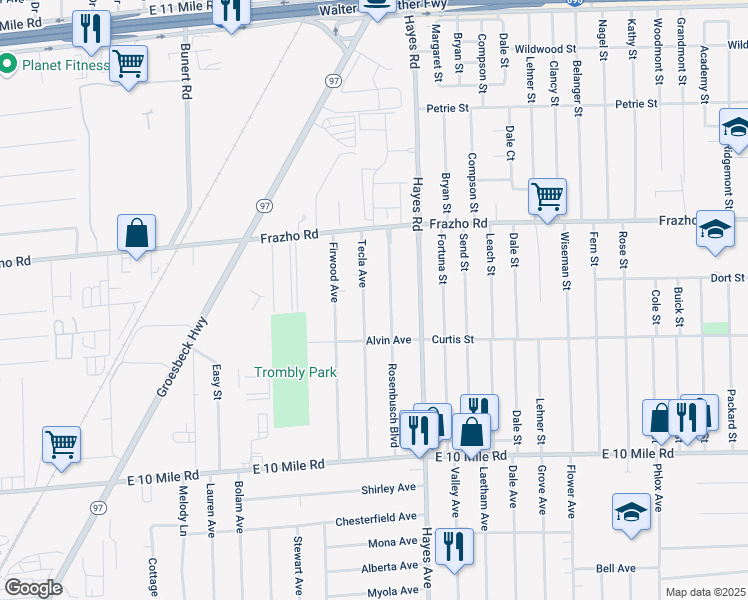 map of restaurants, bars, coffee shops, grocery stores, and more near 25700 Tecla Avenue in Warren