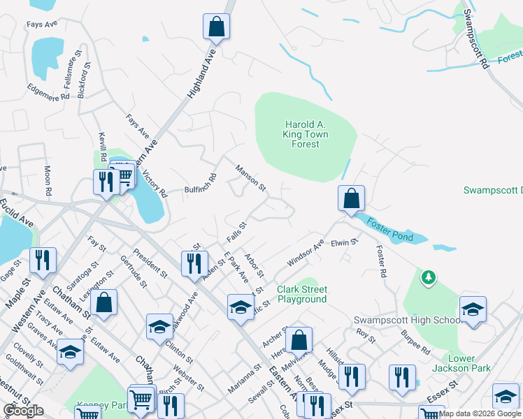map of restaurants, bars, coffee shops, grocery stores, and more near 15 Spring Road in Lynn