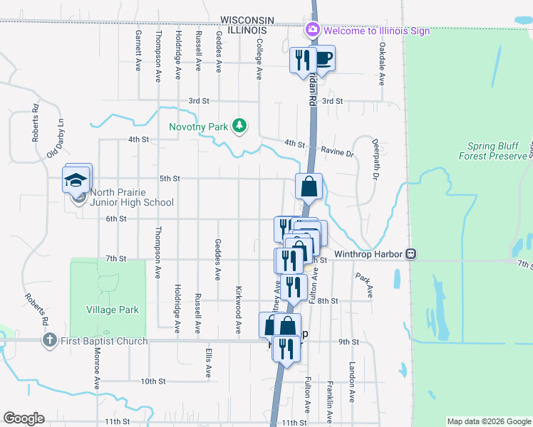 map of restaurants, bars, coffee shops, grocery stores, and more near 539 College Avenue in Winthrop Harbor