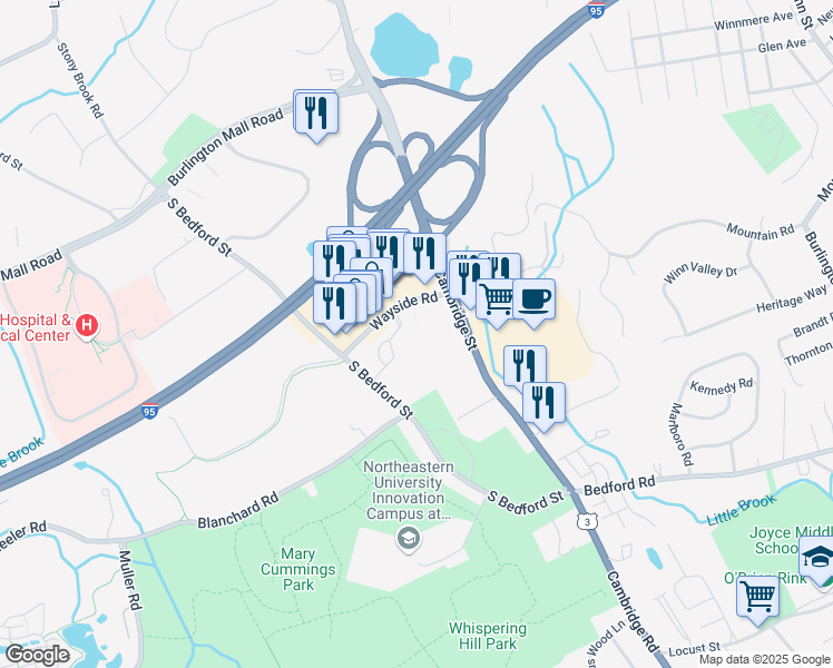 map of restaurants, bars, coffee shops, grocery stores, and more near 15 Wayside Road in Burlington