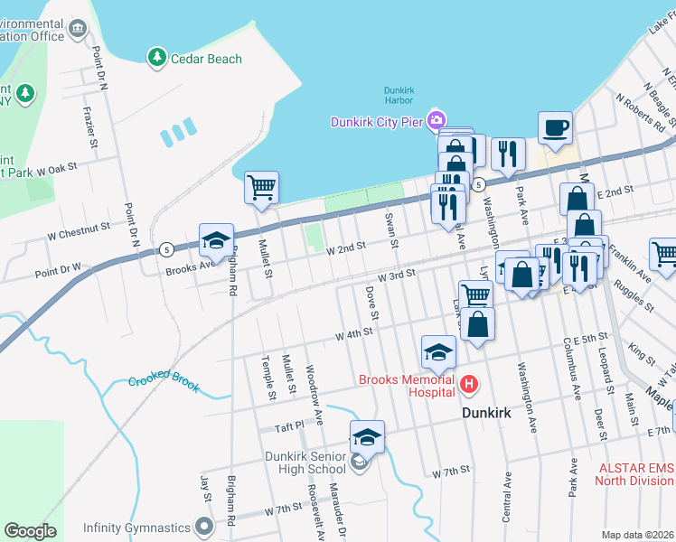 map of restaurants, bars, coffee shops, grocery stores, and more near 214 Robin Street in Dunkirk