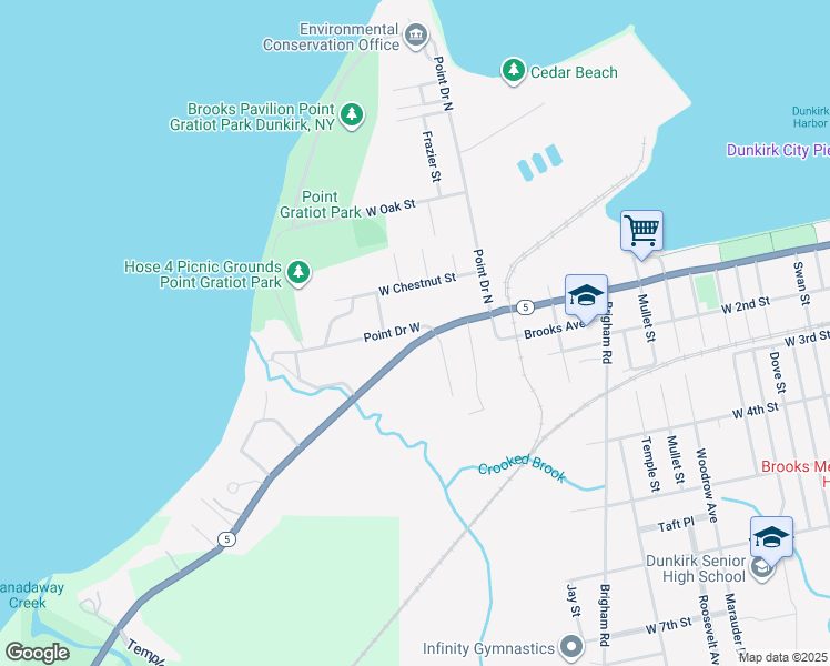 map of restaurants, bars, coffee shops, grocery stores, and more near 290 Lake Shore Drive West in Dunkirk