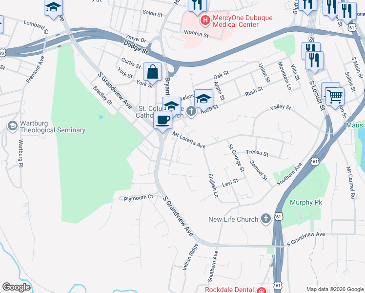 map of restaurants, bars, coffee shops, grocery stores, and more near 721 Loretto Court in Dubuque