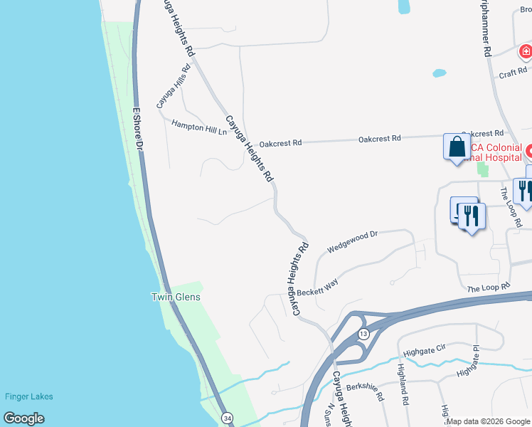 map of restaurants, bars, coffee shops, grocery stores, and more near 896 Cayuga Heights Rd in Ithaca