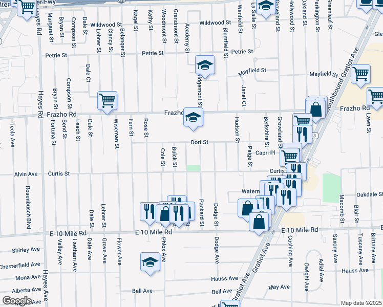 map of restaurants, bars, coffee shops, grocery stores, and more near 25641 Packard Street in Roseville