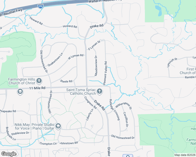 map of restaurants, bars, coffee shops, grocery stores, and more near 26082 Meadowview Drive in Farmington Hills