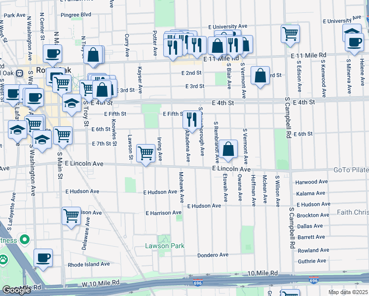 map of restaurants, bars, coffee shops, grocery stores, and more near 702 South Altadena Avenue in Royal Oak