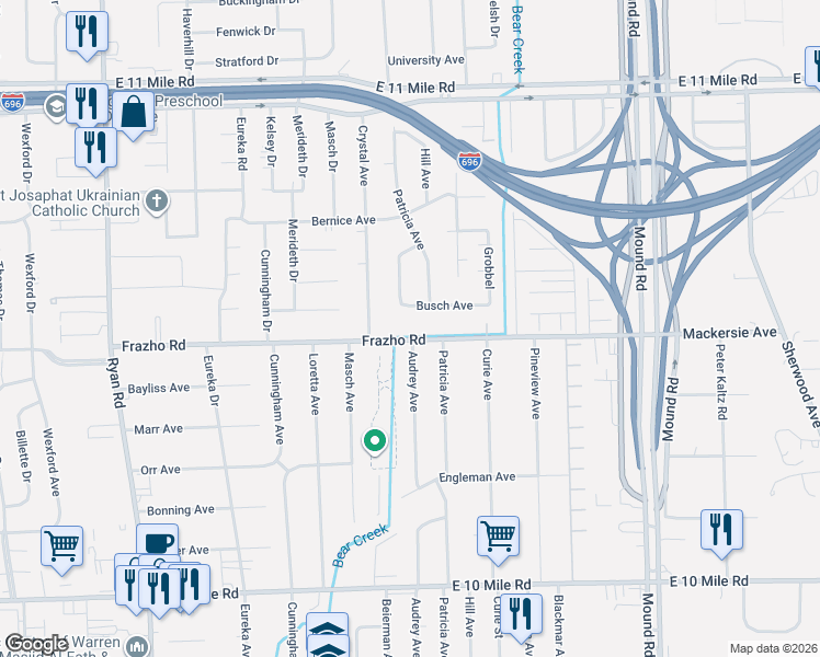 map of restaurants, bars, coffee shops, grocery stores, and more near 5049 Frazho Road in Warren