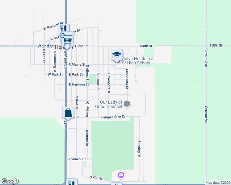 map of restaurants, bars, coffee shops, grocery stores, and more near 508 Merkley Street in Holstein