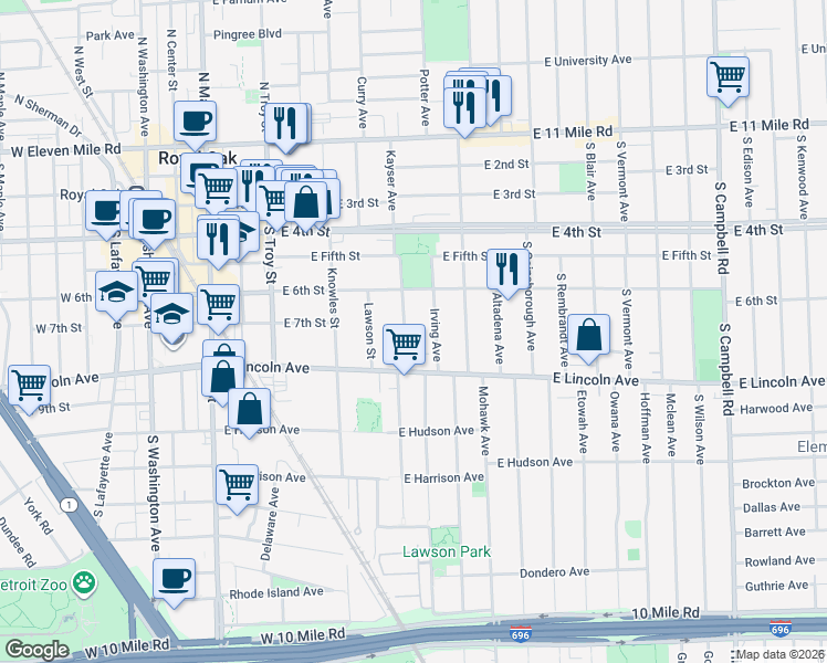 map of restaurants, bars, coffee shops, grocery stores, and more near 711 Kayser Avenue in Royal Oak