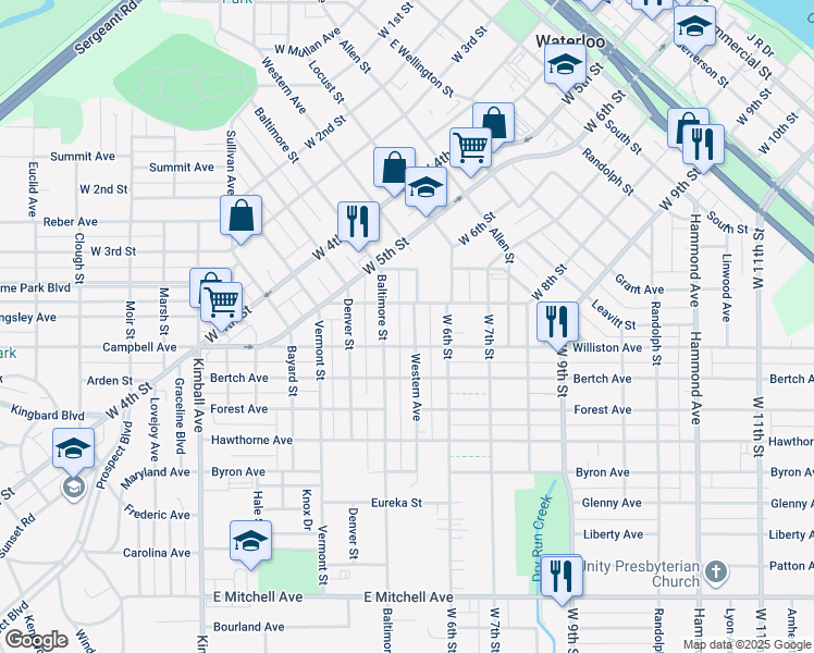 map of restaurants, bars, coffee shops, grocery stores, and more near 820 Western Avenue in Waterloo