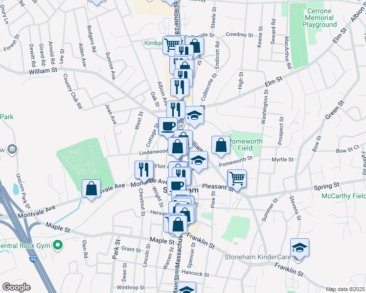 map of restaurants, bars, coffee shops, grocery stores, and more near 260 Main Street in Stoneham