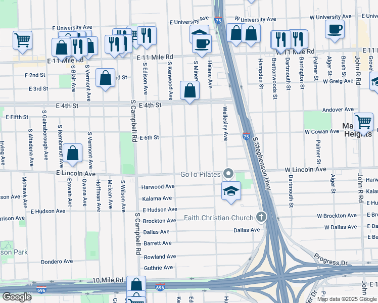 map of restaurants, bars, coffee shops, grocery stores, and more near 633 South Edgeworth Avenue in Royal Oak