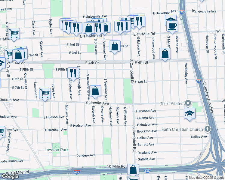 map of restaurants, bars, coffee shops, grocery stores, and more near 642 South Connecticut Avenue in Royal Oak