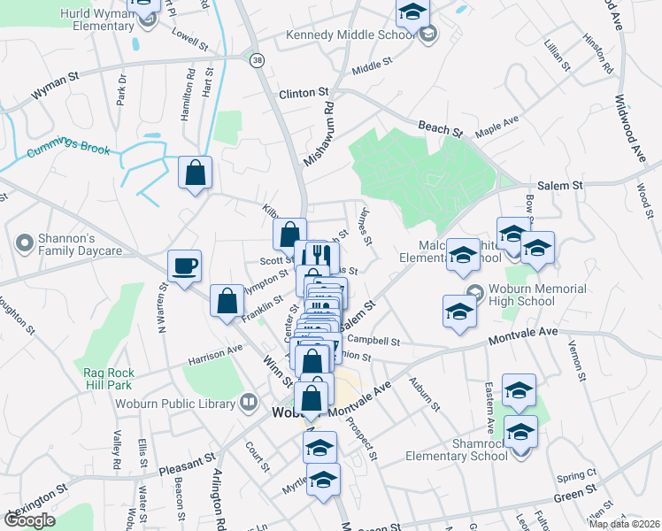 map of restaurants, bars, coffee shops, grocery stores, and more near 533 Main Street in Woburn