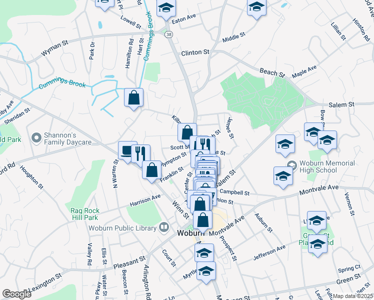map of restaurants, bars, coffee shops, grocery stores, and more near 14 Johnson Street in Woburn