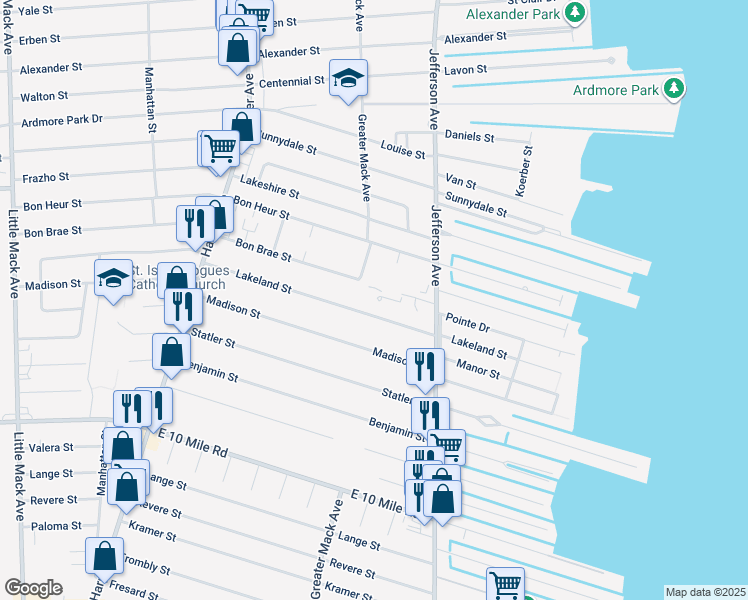 map of restaurants, bars, coffee shops, grocery stores, and more near 21919-22399 Lakeland Street in Saint Clair Shores