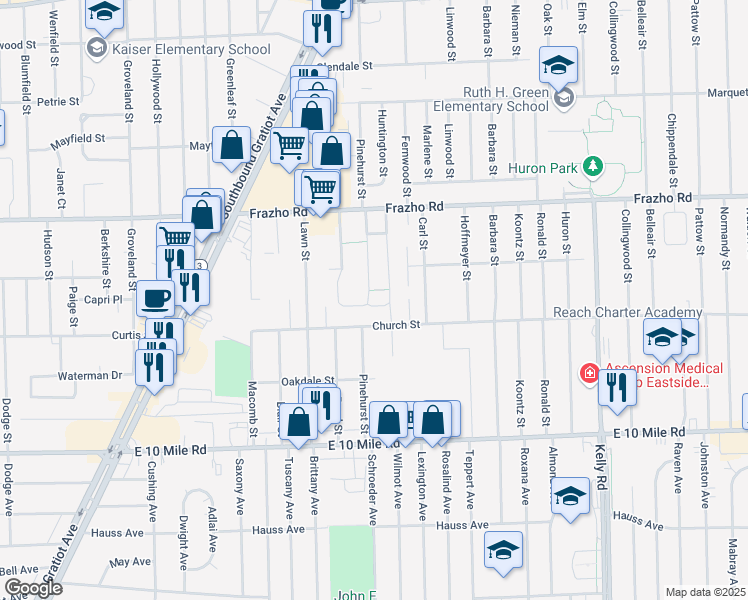 map of restaurants, bars, coffee shops, grocery stores, and more near 25618 New England Court in Roseville