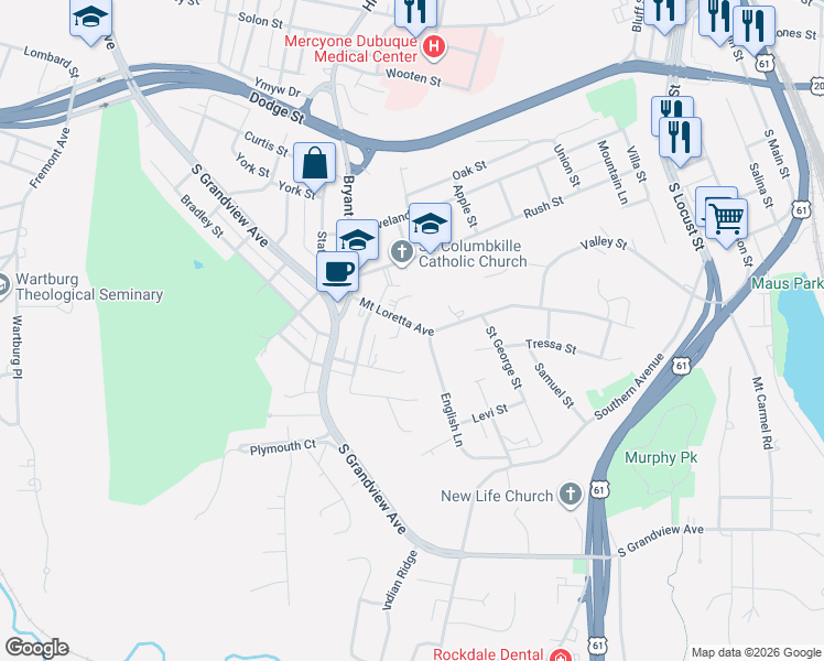 map of restaurants, bars, coffee shops, grocery stores, and more near 1204 Mount Loretta Avenue in Dubuque