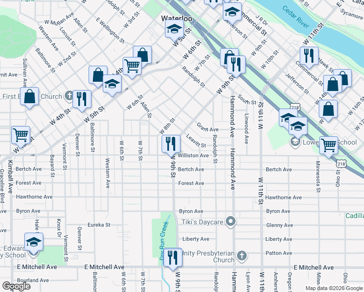 map of restaurants, bars, coffee shops, grocery stores, and more near 1126 Leavitt Street in Waterloo