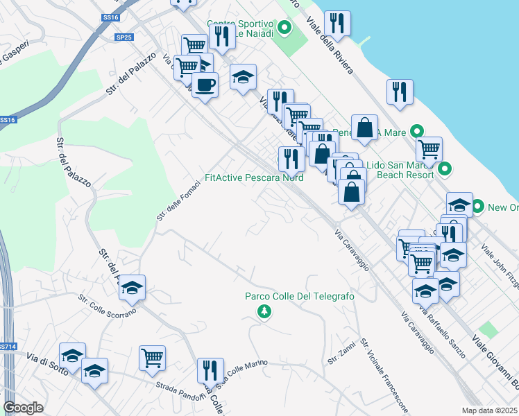 map of restaurants, bars, coffee shops, grocery stores, and more near 18 Via Mario Mantini in Pescara