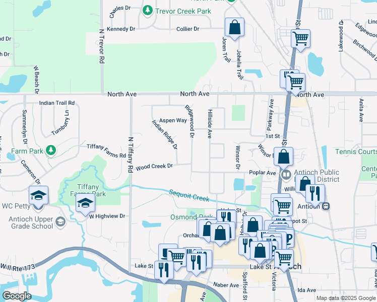 map of restaurants, bars, coffee shops, grocery stores, and more near 680 Ridgewood Drive in Antioch