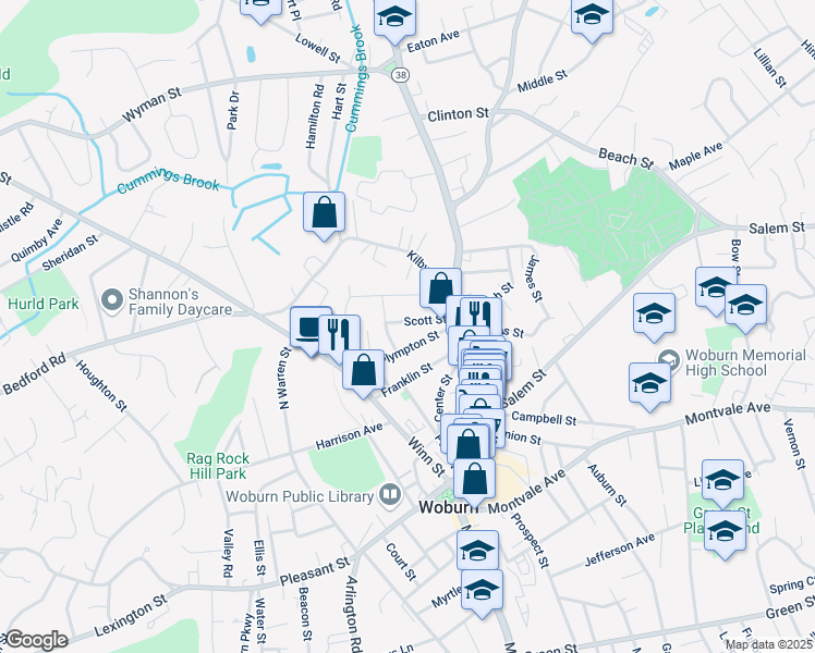 map of restaurants, bars, coffee shops, grocery stores, and more near 16 Scott Street in Woburn