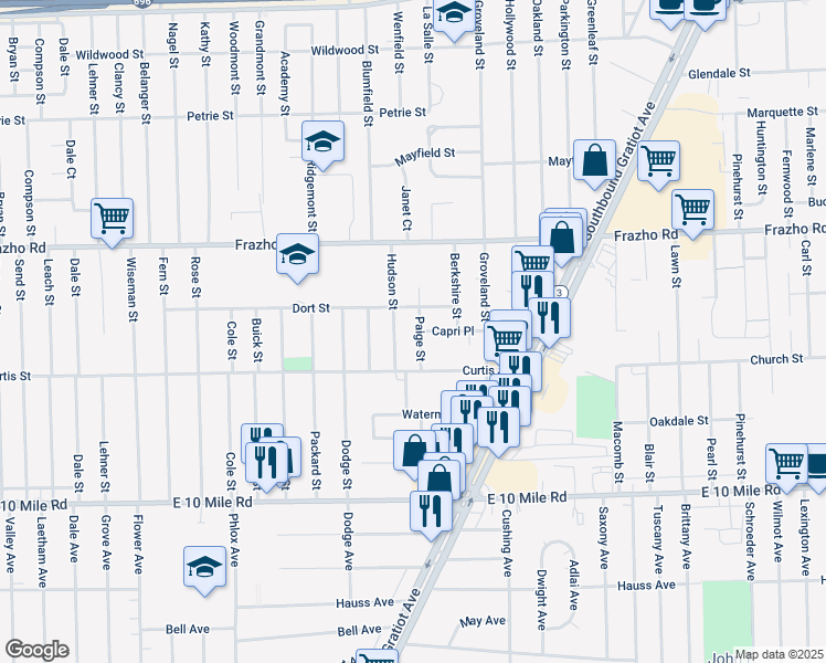 map of restaurants, bars, coffee shops, grocery stores, and more near 25637 Paige Street in Roseville