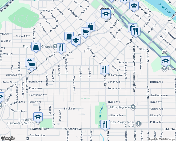 map of restaurants, bars, coffee shops, grocery stores, and more near 1222 West 7th Street in Waterloo