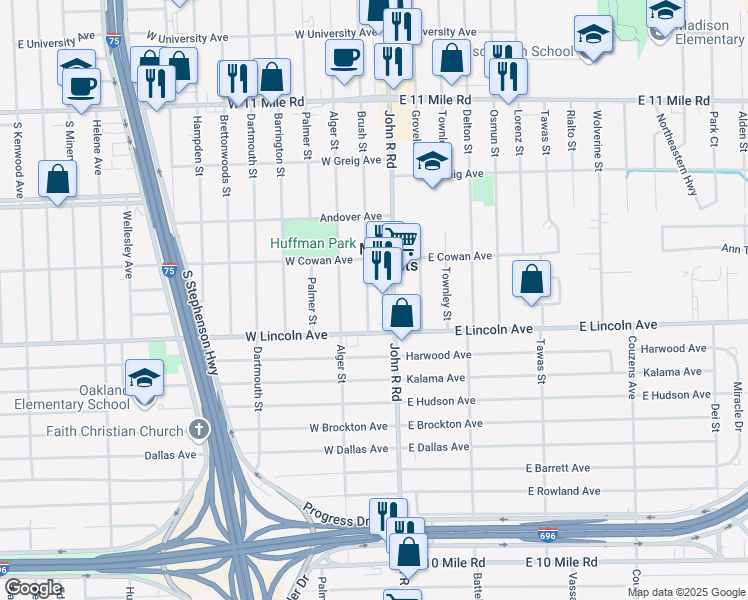 map of restaurants, bars, coffee shops, grocery stores, and more near 26070 Brush Street in Madison Heights