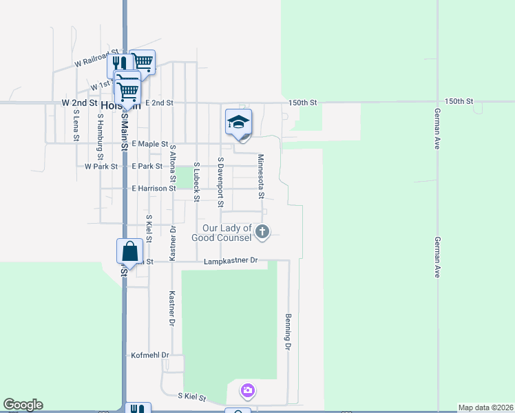 map of restaurants, bars, coffee shops, grocery stores, and more near 415 Minnesota Street in Holstein