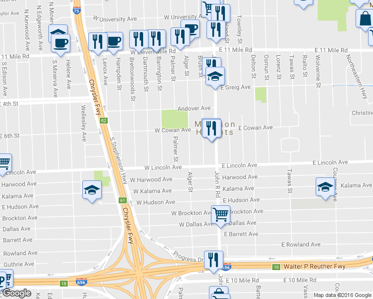 map of restaurants, bars, coffee shops, grocery stores, and more near 26075 Alger Street in Madison Heights