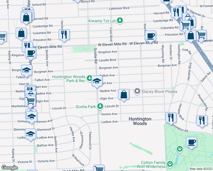 map of restaurants, bars, coffee shops, grocery stores, and more near 10803 Hart Ave in Huntington Woods