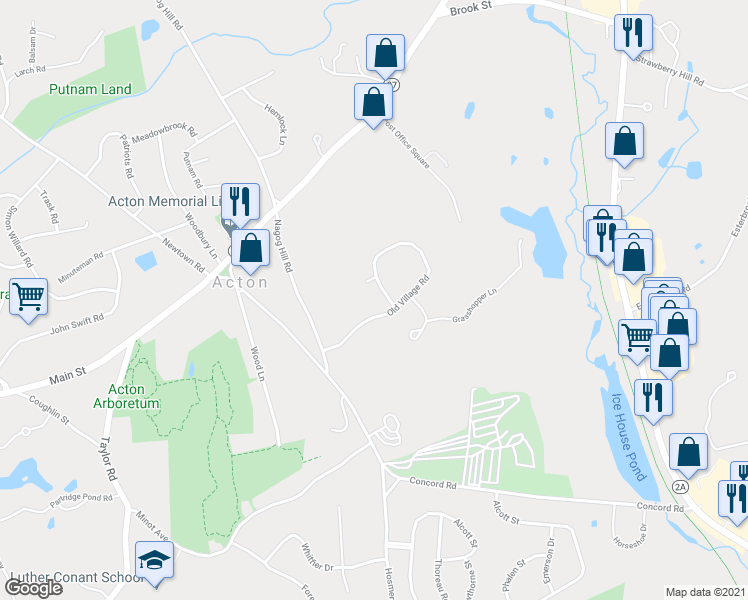 map of restaurants, bars, coffee shops, grocery stores, and more near 41 Old Village Road in Acton