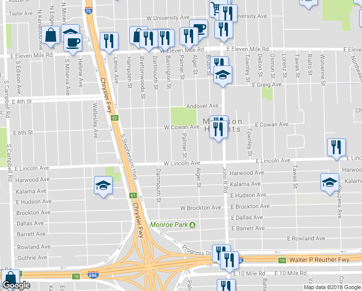 map of restaurants, bars, coffee shops, grocery stores, and more near 26075 Palmer Street in Madison Heights