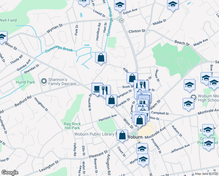 map of restaurants, bars, coffee shops, grocery stores, and more near 19 Middlesex Street in Woburn