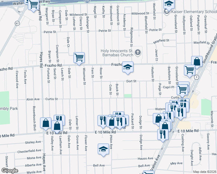 map of restaurants, bars, coffee shops, grocery stores, and more near 25621 Cole Street in Roseville