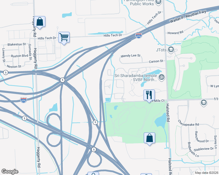 map of restaurants, bars, coffee shops, grocery stores, and more near 38434 Lynwood Court in Farmington Hills