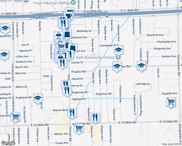 map of restaurants, bars, coffee shops, grocery stores, and more near 11920 Frazho Road in Warren