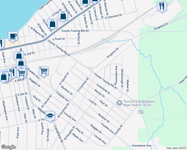 map of restaurants, bars, coffee shops, grocery stores, and more near 218 Townsend Street in Dunkirk
