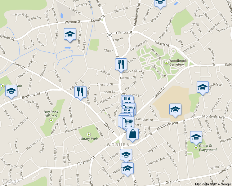map of restaurants, bars, coffee shops, grocery stores, and more near 14 Johnson St in Woburn