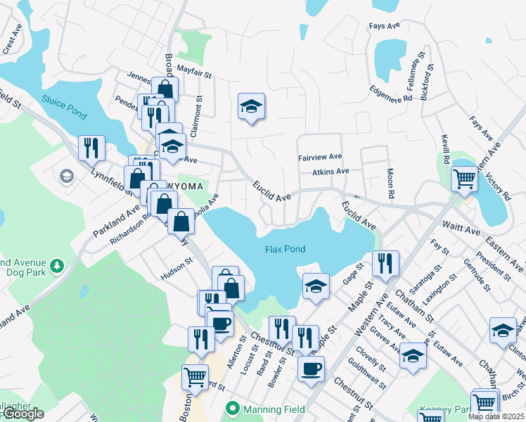 map of restaurants, bars, coffee shops, grocery stores, and more near 29 Lake View Place in Lynn