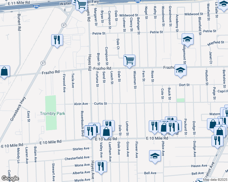 map of restaurants, bars, coffee shops, grocery stores, and more near 25758 Leach Street in Roseville