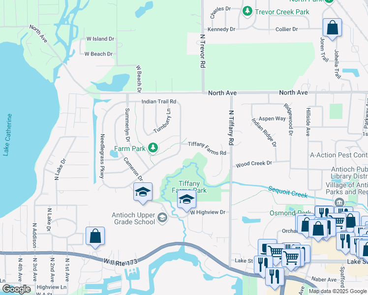 map of restaurants, bars, coffee shops, grocery stores, and more near 834 Tiffany Farms Road in Antioch