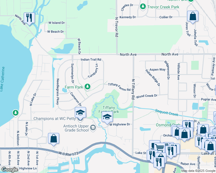 map of restaurants, bars, coffee shops, grocery stores, and more near 834 Tiffany Farms Road in Antioch