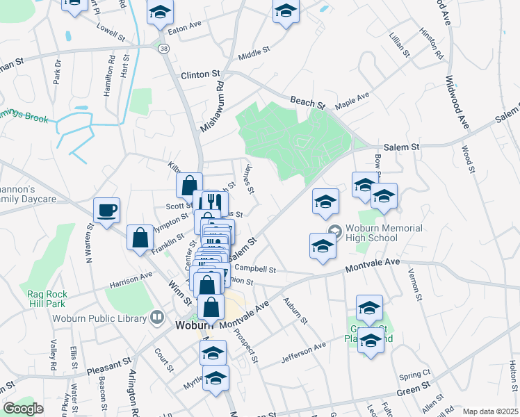 map of restaurants, bars, coffee shops, grocery stores, and more near 35 Davis St in Woburn