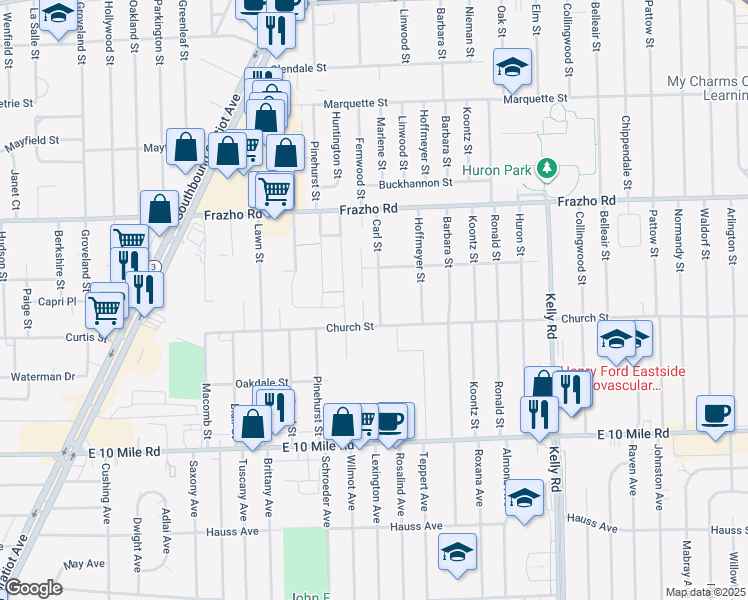 map of restaurants, bars, coffee shops, grocery stores, and more near 25605 Carl Street in Roseville