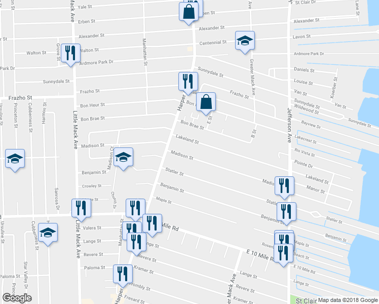 map of restaurants, bars, coffee shops, grocery stores, and more near 21607 Madison Street in Saint Clair Shores