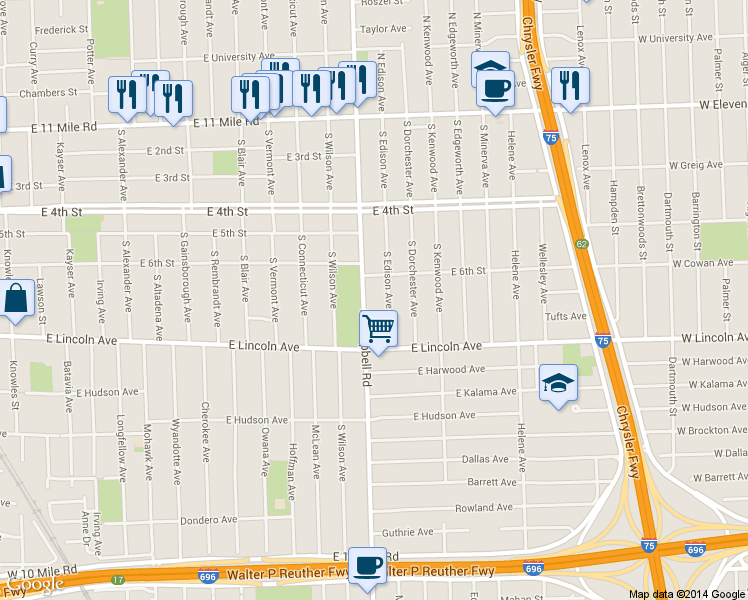 map of restaurants, bars, coffee shops, grocery stores, and more near 625 S Campbell Rd in Royal Oak