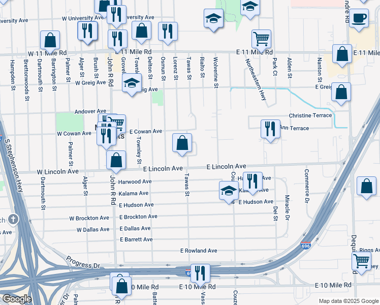 map of restaurants, bars, coffee shops, grocery stores, and more near 26053 Tawas Court in Madison Heights